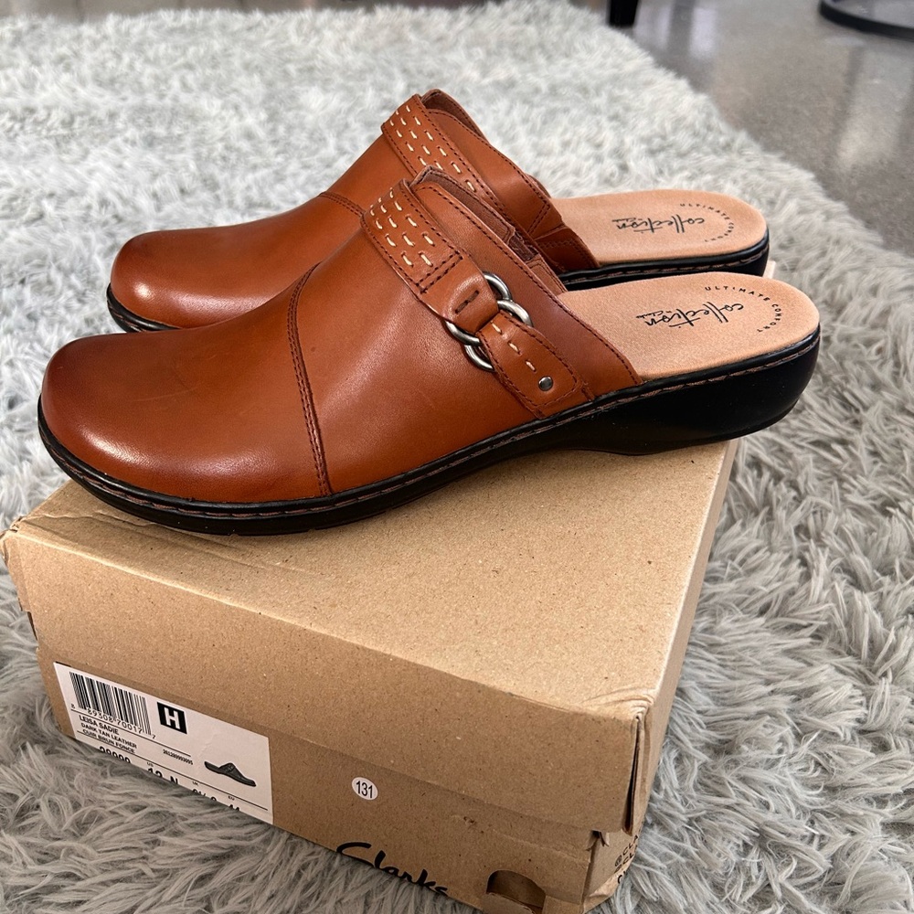 Clarks Tan Leather Slip-On Mules